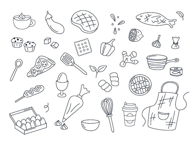 Vettore cooking doodles set vettoriale di elementi isolati cute doodle illustrations collezione di utensili utensili da cucina cibo ingredienti per pasti oggetti da cucina frutta verdura panetteria su sfondo bianco