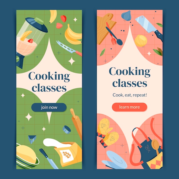 Vector cooking elements hand drawn cartoon banner set