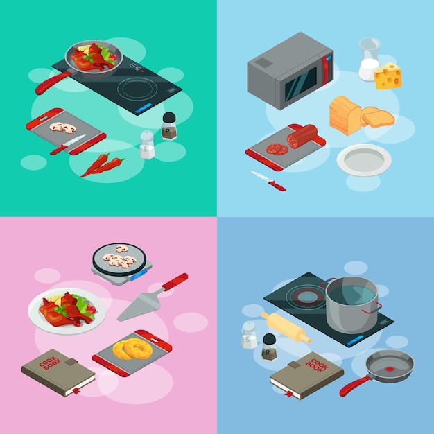 Vector cooking elements. vector cooking food isometric illustration