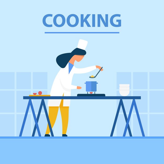 Vector cooking flat cartoon banner with chef at work