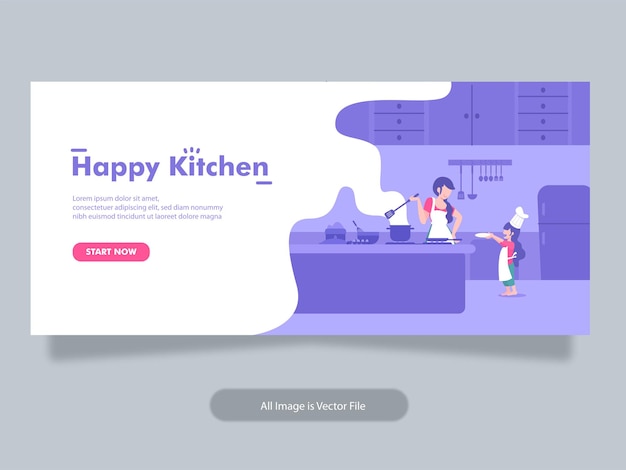 Cooking food and bakery banner template with mom and kid concept illustration