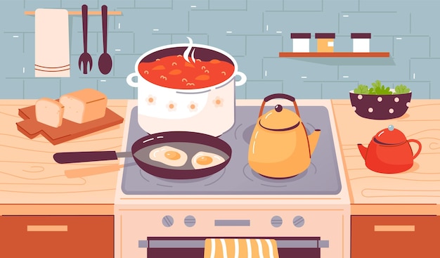 부엌 스토브에서 음식을 요리하고, 물을 끓이고, 끓이고, 튀기는 요리. 홈 주방 인테리어.