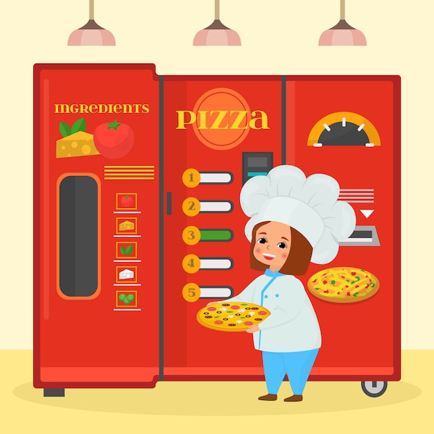 Cucinando alimento alla cucina, ragazza con l'illustrazione della pizza. personaggio dei cartoni animati cuoco vicino al grande striscione con cucina ingridient.