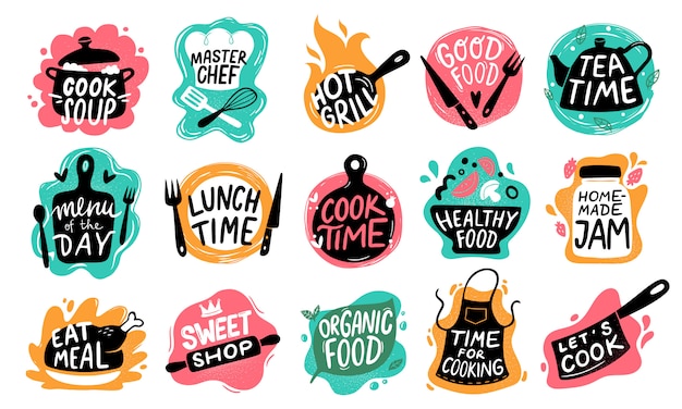 Cooking food lettering. Kitchen badge logos, baking foods typography and cook labels set