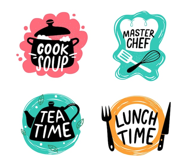 Vector cooking food lettering kitchen utensils with text for culinary master class cafe or restaurant emblems saucepan with cooked soup