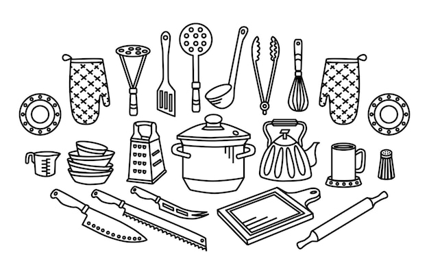 Cooking foods and kitchen outline icons set