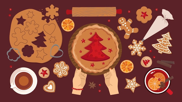 Cooking gingerbread and christmas baking set view from above preparation and decoration of gingerbread cakes of different shapes a pie with a christmas tree top view illustrated vector clipart