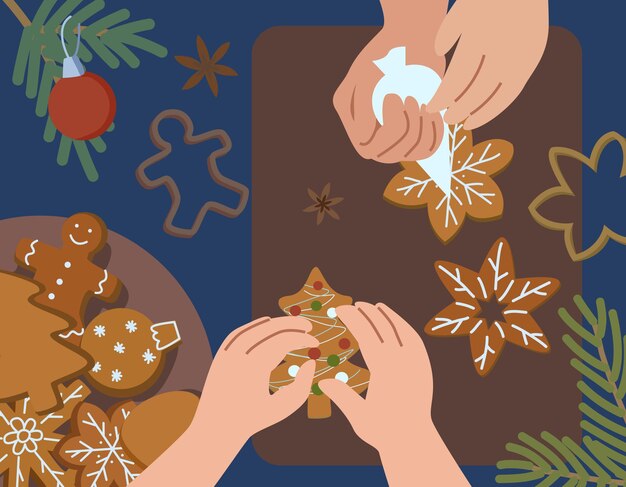 Вектор Приготовление и украшение имбирного хлеба рождественская выпечка