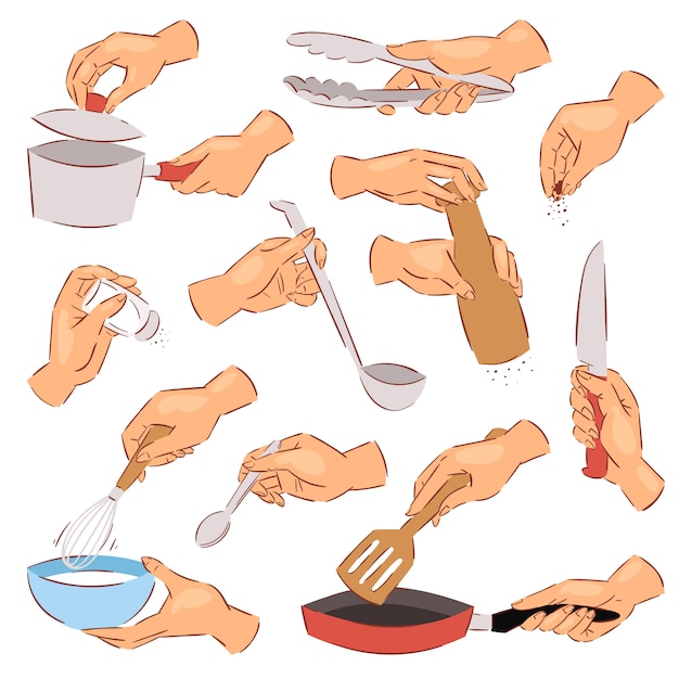 Готовить руки шеф-повар готовит еду на сковороде с использованием посуды или посуды иллюстрации набор руки с миской или ножом на белом фоне