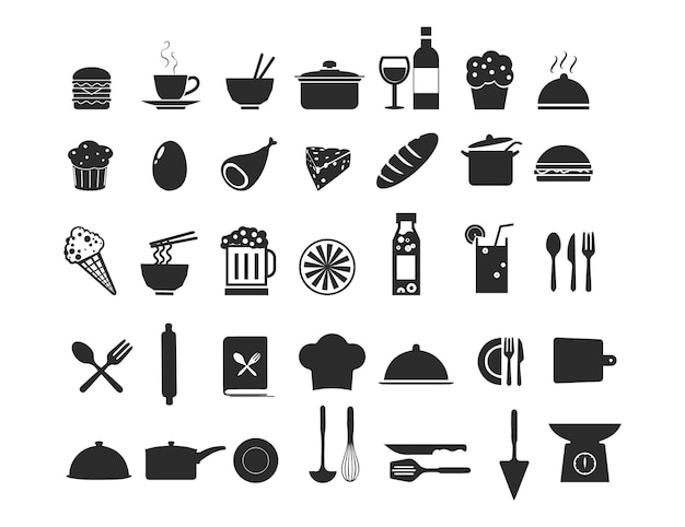 Cooking icon set. contain chef hat, oven, Hand holding food tray, Pot, Frying pan and Kitchen set.