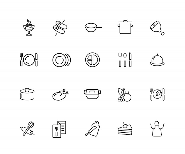 ベクトル アイコンを調理する。 20行のアイコンのセット。プレート、鍋、メニュー