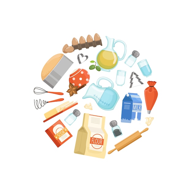 Кулинария ингредиенты или продукты круг концепции. цветной пищевой круглый значок