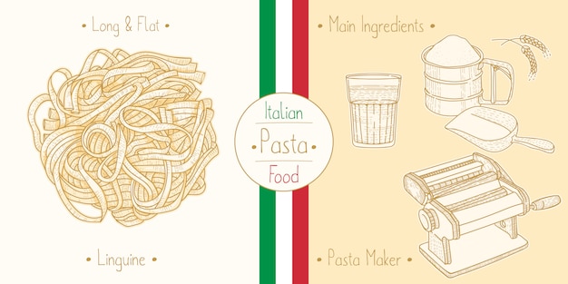 Cucina italiana linguine pasta, ingredienti e attrezzature