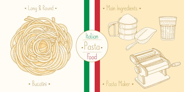이탈리아 요리 스파게티 같은 파스타 Bucatini, 재료 및 장비 요리