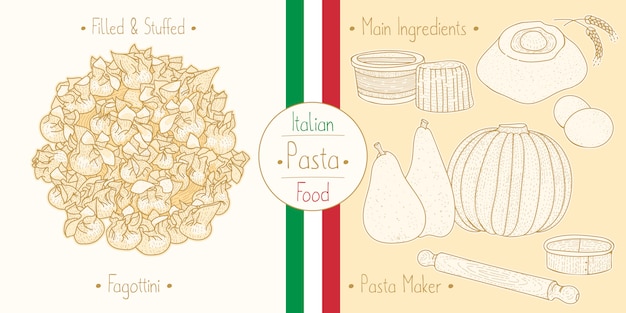 Vector cooking italian food stuffed fagottini pasta with filling, ingredients and equipment