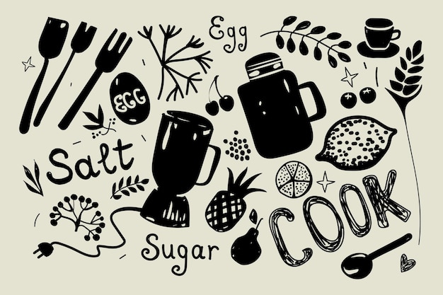 Cooking and kitchen background. Chalk and pen drawing. Vector illustration in doodle style. Sketch