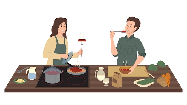 Cucinare sul tavolo della cucina. l'uomo e la donna sorridenti preparano il cibo in cucina da pasta, verdure, uova, olio, cereali e altri alimenti. illustrazione vettoriale piatto isolato su sfondo bianco.