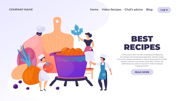 Vector cooking landing page. professional chef cartoon character preparing dinner, restaurant culinary