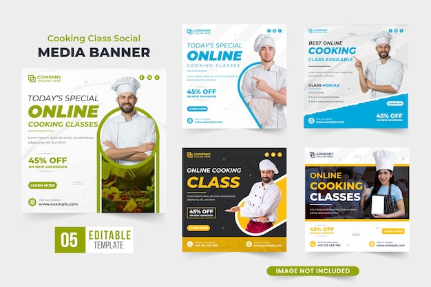 마케팅을 위한 요리 수업 홍보 포스터 번들 디자인 녹색 및 노란색 색상의 요리 수업 할인 템플릿 컬렉션 레스토랑을 위한 요리사 교육 수업 소셜 미디어 포스트 세트