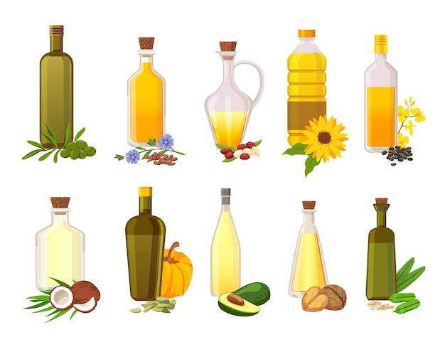 Cooking oil bottles. Natural vegetable, olive, sunflower, avocado and coconut virgin organic oils in glass with ingredient plants vector set