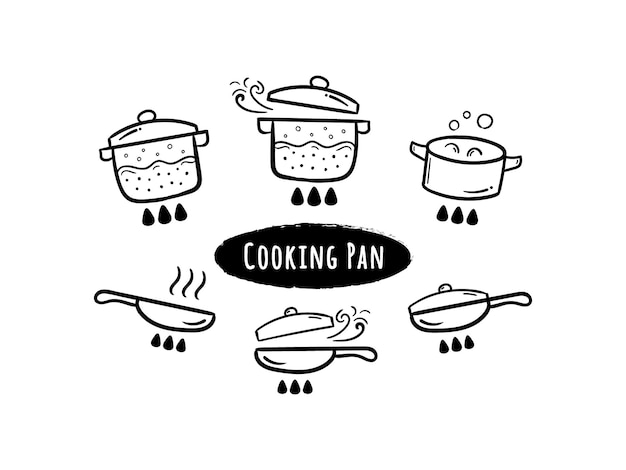 Vector cooking pan and pot vector line icons doodles. kitchen utensil hand drawn illustration drawings