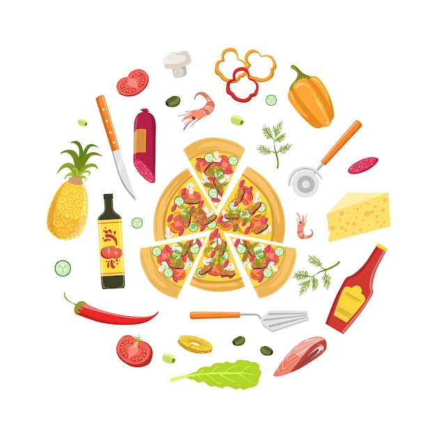 Vettore modello di banner per la cucina della pizza con ingredienti e strumenti per l'illustrazione vettoriale della cucina