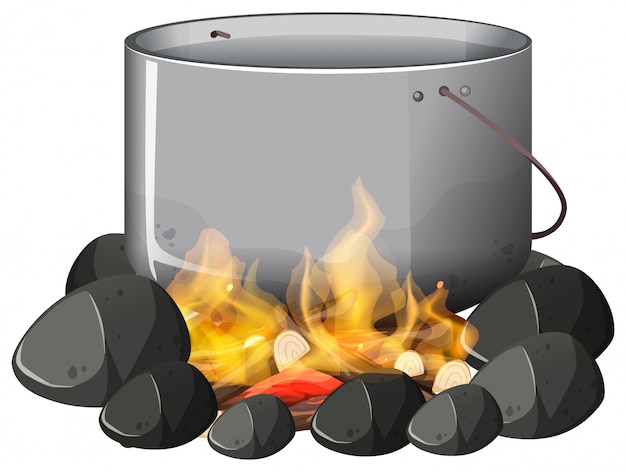Vector cooking pot on burning fire
