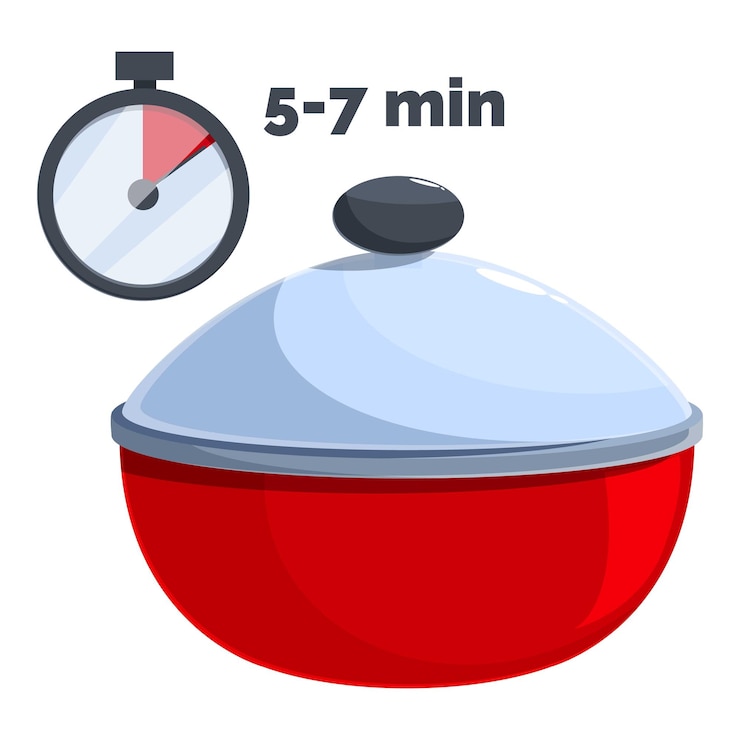 Vector cooking pot on fire with timer showing 5 7 minutes cooking time