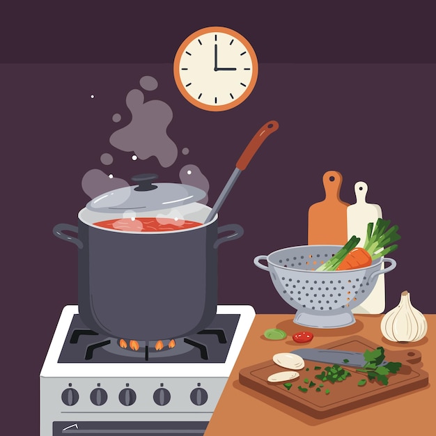 cooking pot simmering on stove top with chopped vegetables nearby