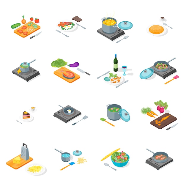 Vector cooking or preparation food icons set isometric view vector