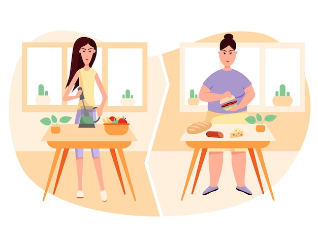 ベクトル スリムで太った女性と一緒にキッチンで調理するプロセス健康的で不健康なライフスタイル