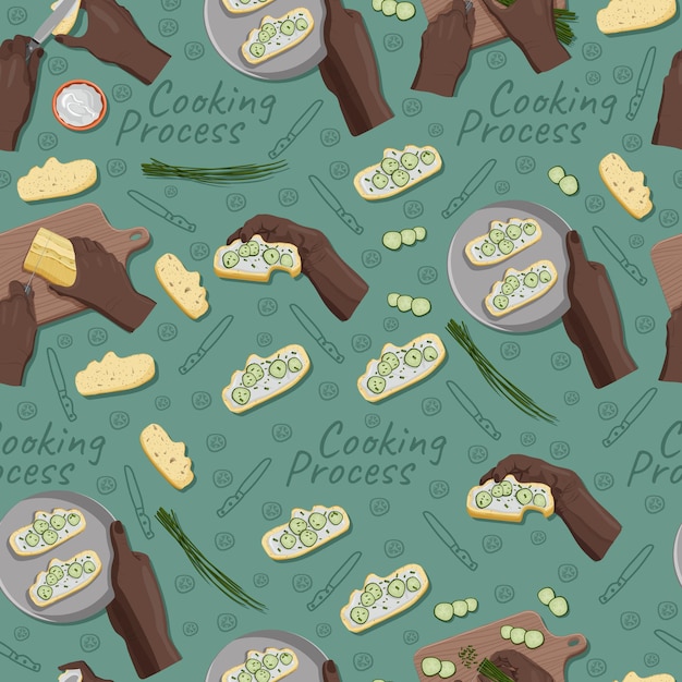 Cooking process of sandwiches seamless pattern POV