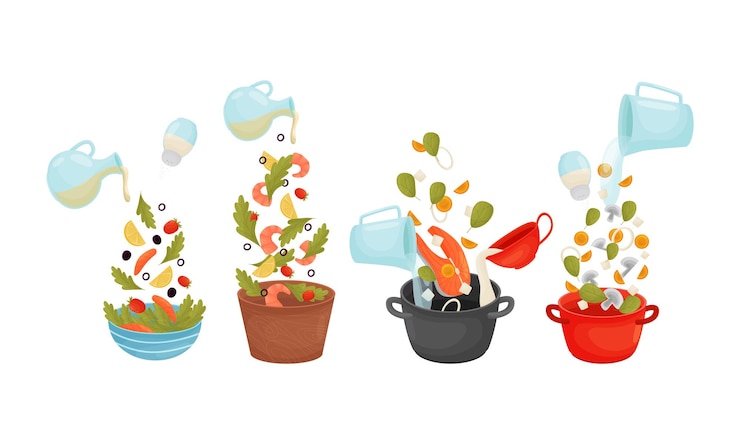 Vector cooking process with dressing salad and making soup vector set
