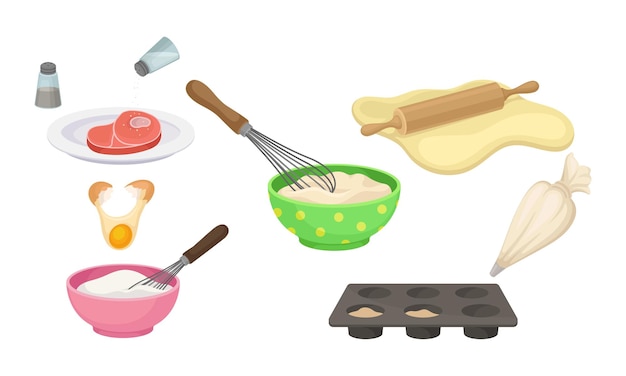 Cooking process with mixing rolling out pastry and curing bacon vector set