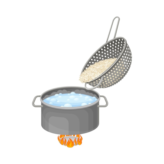 Vettore processo di cottura del riso con l'aggiunta di grano in padella sul bruciatore con illustrazione vettoriale dell'acqua bollente