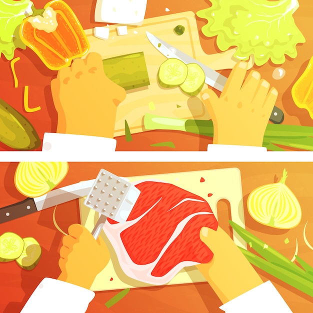 Vector cooking of salad and steak two bright color illustrations.