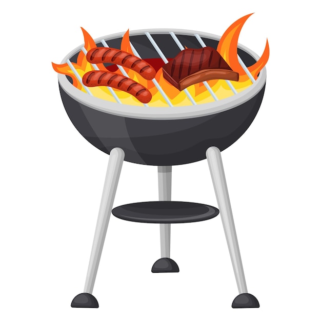 Cooking sausages and meat on a flaming grill Vector illustration on a white background