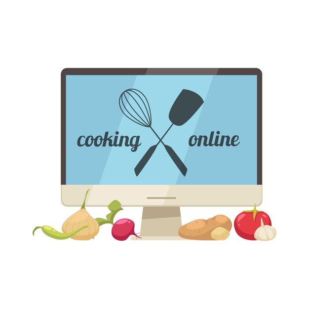 Cooking school courses composition with image of desktop computer with vegetables vector illustration