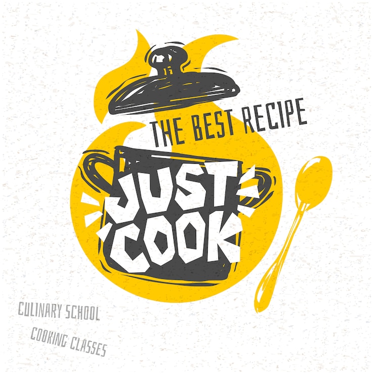 Vector cooking school, culinary classes, studio, logo, utensils, apron, fork, knife, master chef. lettering, calligraphy logo, sketch style, welcome.