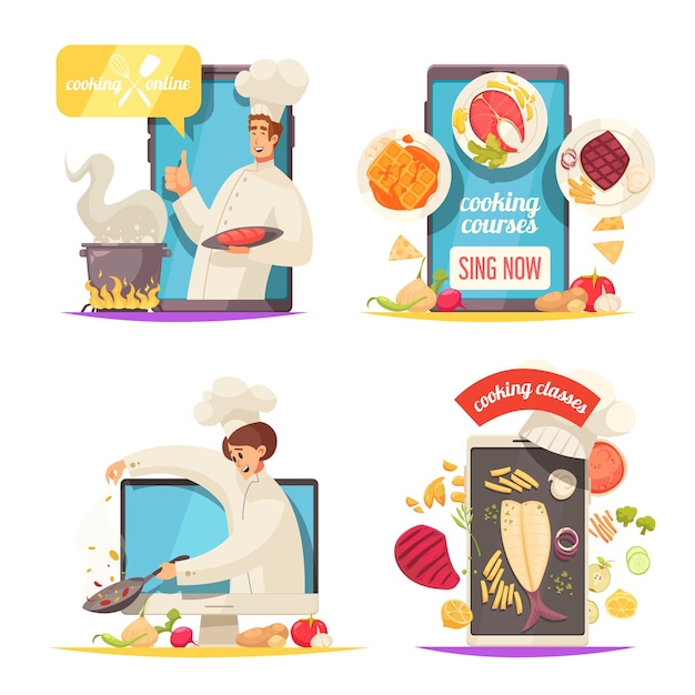 Vector cooking school set with courses symbols flat isolated