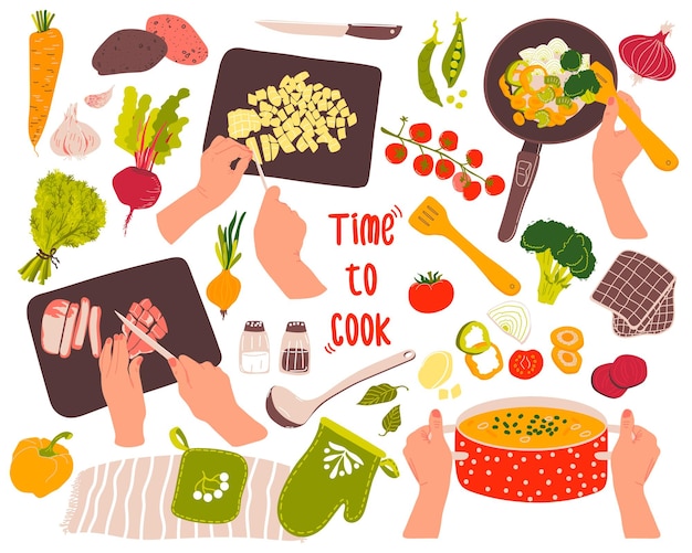 Готовим суп Набор с этапами приготовления овощи и ингредиенты Женские руки