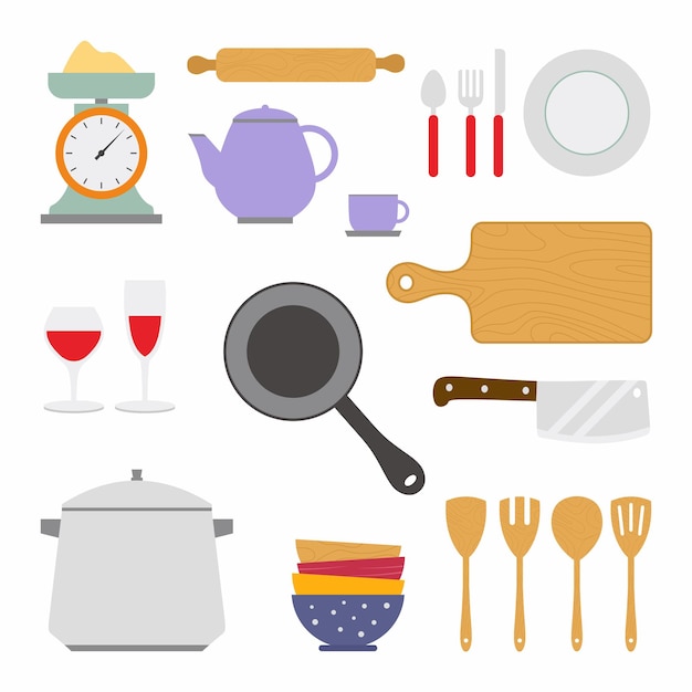 Cooking stuff Set of kitchenware with pans dishes cup teapot kettle kitchen scale rolling pin spoon fork knife cutting board bowl and glass Flat vector elements for cooking illustration