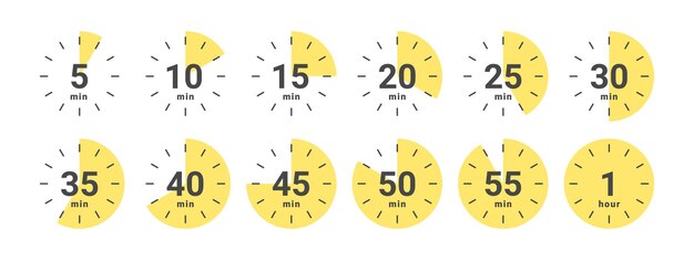 Cooking time icons for food Stopwatch icons Icons of Time in minutes Vector illustration