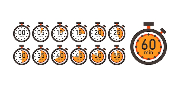 Вектор Время приготовления набор иконок счетчика времени от 5 минут до 1 часа секундомер таймер часы вектор