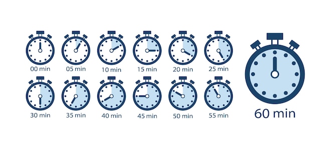 Cooking time, set of time counter icons from 5 minutes to 1 hour. Stopwatch Timer Clock Vector Illustration Isolated White Background