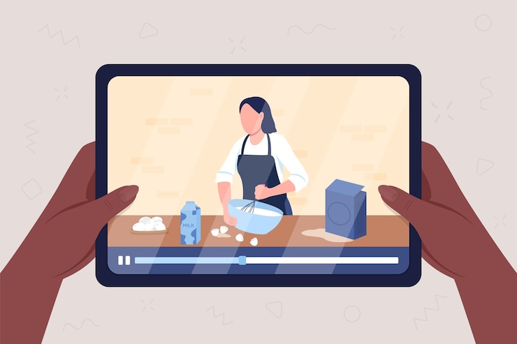 Vector cooking tutorial online flat color vector illustration. preparing food and baking on streaming video. e learning for hobby. teaching chef 2d cartoon character on tablet display background