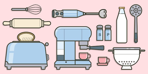 벡터 평면 디자인 컨셉에 요리기구 컬렉션입니다. infographic 벡터 요소 집합입니다. 제품 또는 일러스트레이션 아이콘