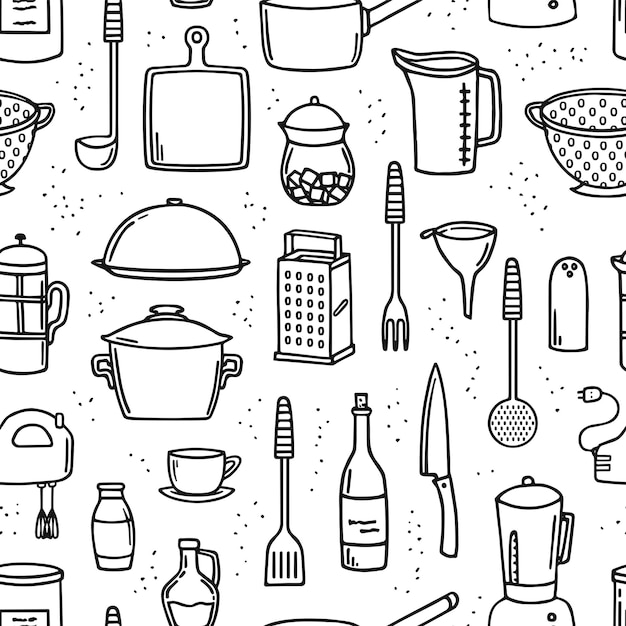 Cooking utensils and kitchen tools seamless doodle background