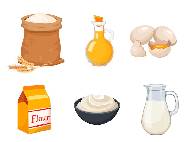 Cooking vector illustration. Baking ingredients set. Kitchen supplies, bakery stuff for cooking cake