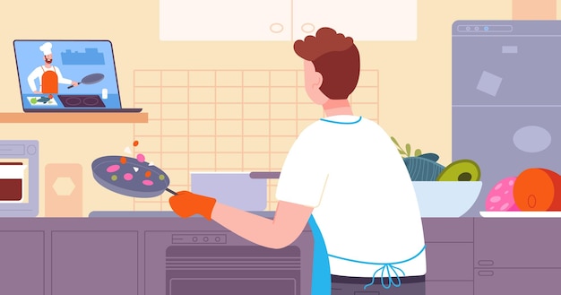 Cooking video learning Guy watching online recipe cooking learn training in home kitchen chef lesson cook nutrition culinary hobby watch food blog splendid vector illustration